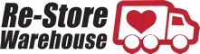 Official corporate logo for The Re-Store Warehouse, featuring a bold black italicized wordmark alongside a red delivery truck graphic with a heart cutout.