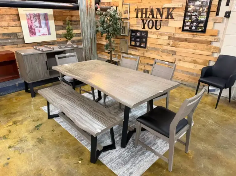 Rustic Modern Grey Wood Dining Table Set at The Re-Store Warehouse