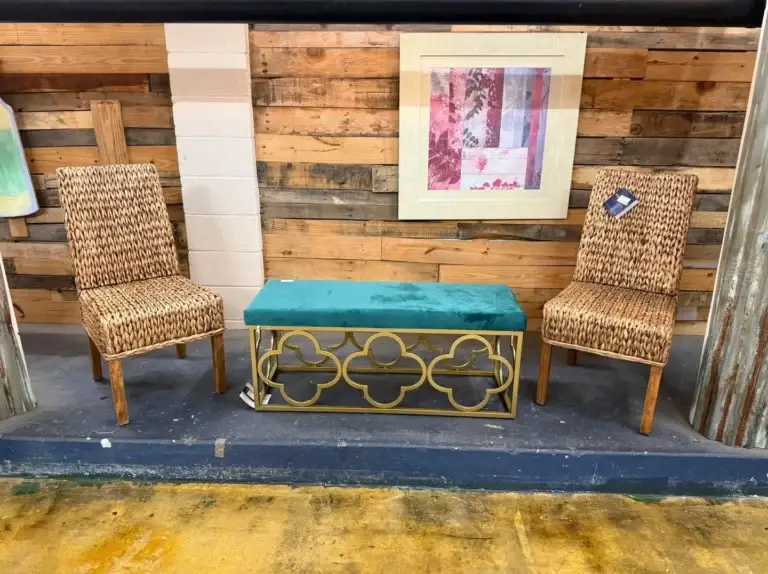 Teal Velvet Bench & Woven Seagrass Chairs at The Re-Store Warehouse